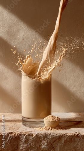 Protein shake splashing in a glass on a stone surface with scoop of powder for fitness and sports nutrition marketing