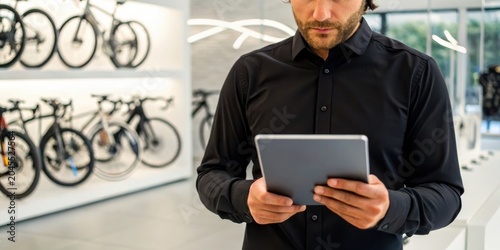 Bike business owner concept. Man in black shirt using a tablet in a modern bike shop with bicycles displayed on the wall.