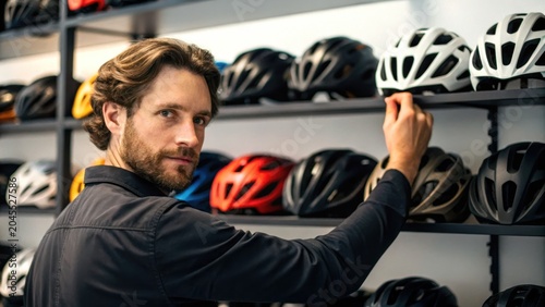 Bike business owner concept. A man selects a bicycle helmet from a wall display full of various colored helmets in a store.
