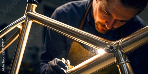 Bike business owner concept. A man carefully welds a shiny metal bicycle frame in a focused workshop setting.