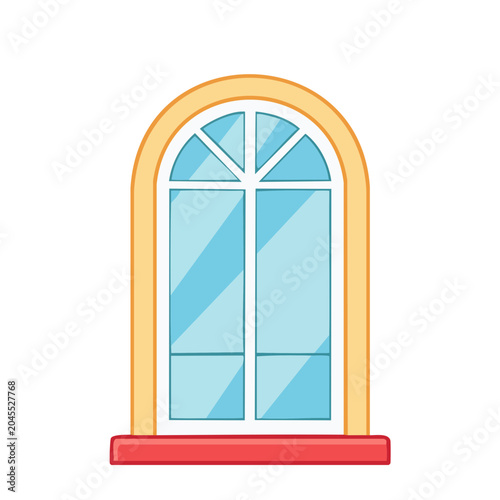 Arched window with yellow frame and red sill, flat design