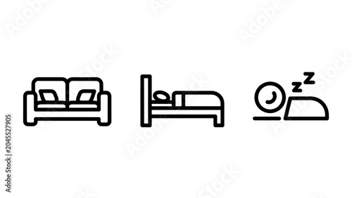 Furniture icons set representing sofa bed and sleeping with sleeping furniture interior lifestyle relaxation livingroom upholstery minimalist pictogram domestic mattress