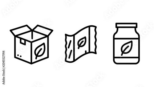 Eco friendly packaging icons showing box wrapping and glass jar with packaging friendly wrapping sustainable container shipping cardboard biodegradable environment minimalist delivery