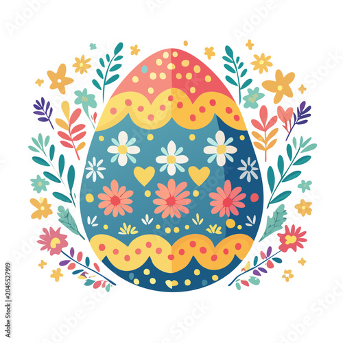 Decorated Easter egg with spring flowers and leaves