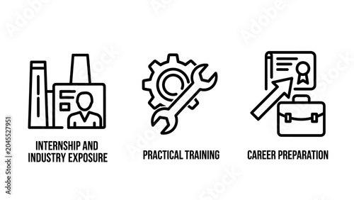 Professional internship and practical industry career training icons with internship industry training preparation practical education certificate briefcase development learning experience