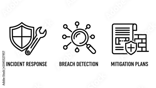 Cybersecurity incident response and breach detection mitigation icons with cybersecurity incident response detection mitigation magnifying firewall protection security analysis maintenance