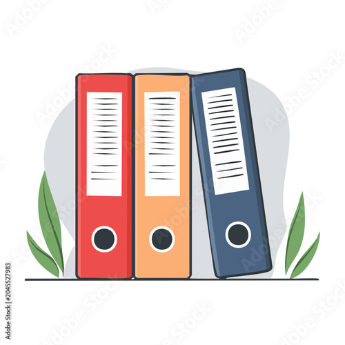 Flat design illustration of three colorful binders on a shelf