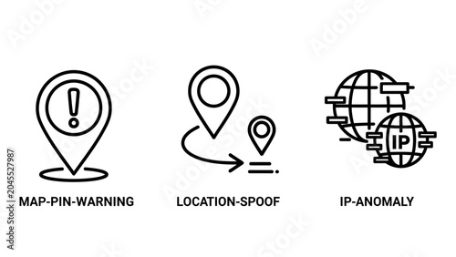 Security icons representing map pin warning location spoofing ip address anomaly detection security location spoofing protection detection tracking internet connection technology