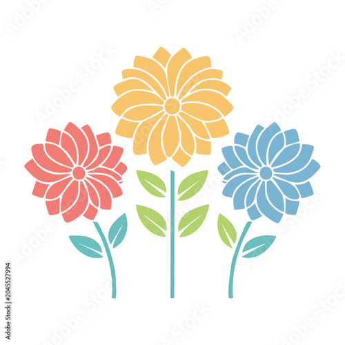 Flat design illustration of three colorful flowers with leaves