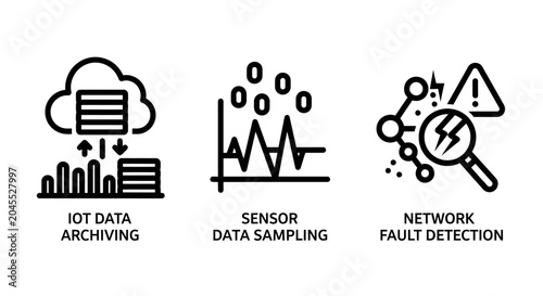 Io t data archiving sensor sampling and network fault detection icons with archiving sampling detection magnifying internet technology analysis statistics monitoring software information