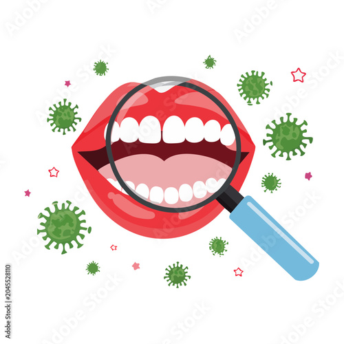 Mouth with virus under magnifying glass