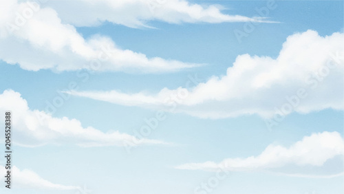 Photos Soft white cumulus clouds drifting across a clear, light blue sky, digital of a