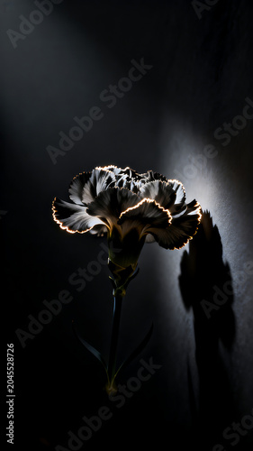 Single Black Carnation Flower with Gold Edges in Dramatic Light Ray, Moody Chiaroscuro Floral Photography on Dark Background, Concept of Rare Beauty and Mourning, 4k