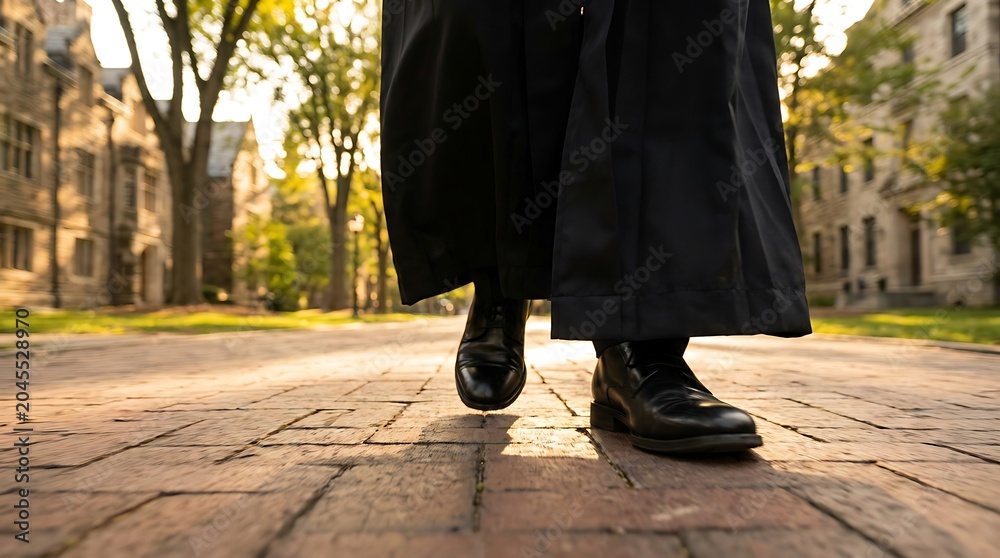 Fototapeta premium Close Up of Graduate Feet Walking Forward on Sunlit Pathway
