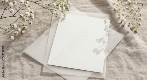 Blank paper mockup with delicate baby breath flowers on linen cloth