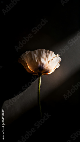 Single White Poppy Flower in Dramatic Chiaroscuro Lighting on Dark Background, Minimalist Fine Art Floral Photography, Concept of Fragility, Hope and Solitude, 4k