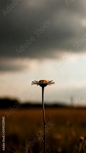 Single Daisy Flower in a Golden Field Under Dramatic Stormy Sky Moody Low Angle Concept of Resilience and Hope