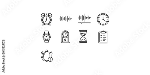 Schilderij op canvas Icon set collection of time measurement instruments, clocks, timers, and scheduling tools for productivity, management, and essential daily planning needs
