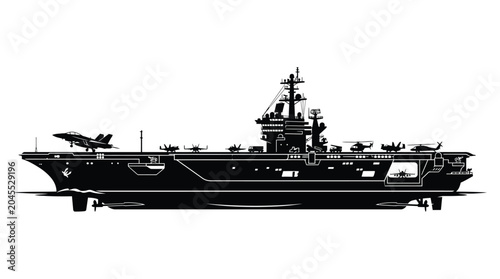 Foto Aircraft Carrier Silhouette With Fighter Jets Black On White Background
