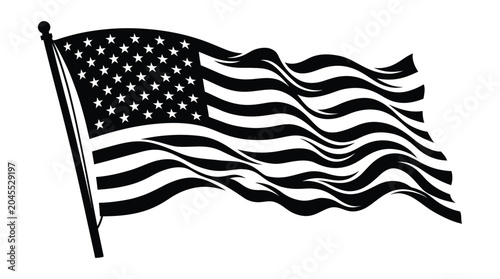 American Flag Silhouette Waving Stripes And Stars On Black Background