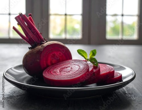 A vibrant, close-up photograph showcasing freshly sliced beetroot on a dark plate, garnished with mint. Sunlight filters through a window