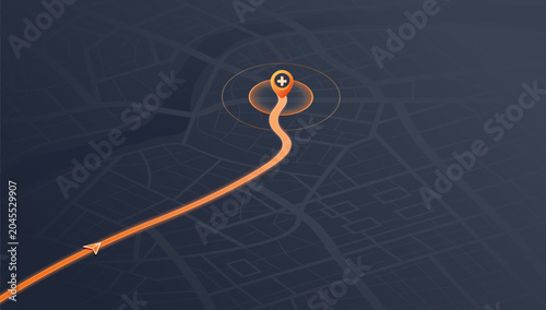 Foto Isometric dark city map with bright orange route leading to glowing destination