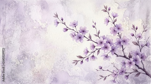 Purple cherry blossom branch painted in watercolor on textured paper