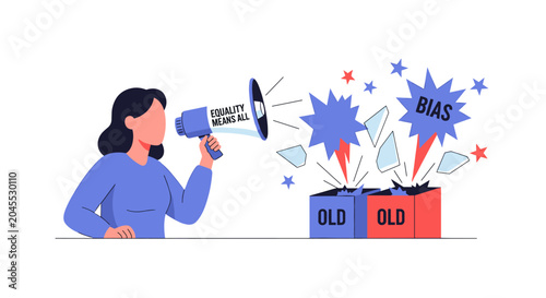 A woman promotes women equality with a megaphone, shattering old bias boxes in a symbolic act of breaking stereotypes and promoting change.