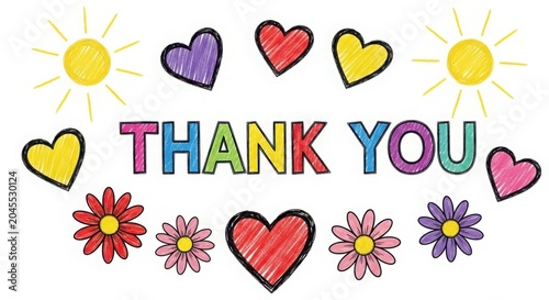 Colorful thank you greeting card with hand drawn hearts and flowers