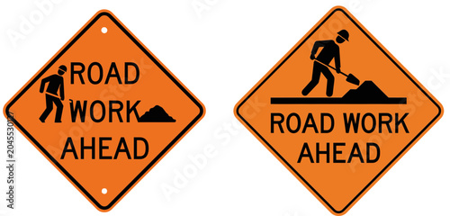Photography Bright orange vector graphic illustration showing road work ahead signs displaye