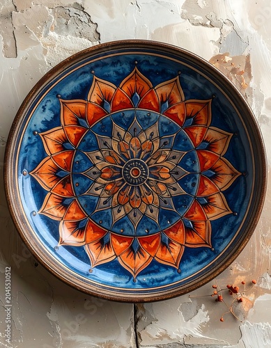 A vibrant ceramic plate featuring a complex floral-inspired pattern in shades of blue, orange, and brown, resting on a textured surface
