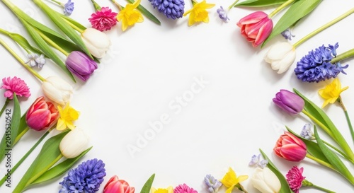 Spring flower frame with tulips and hyacinths on white background