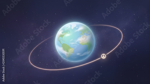 Planet Earth with glowing orbital peace sign ring in starry cosmos space background, concept of global harmony and world peace. AI generated.
