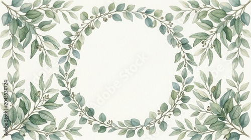 Watercolor green leaf wreath frame on clean textured paper background