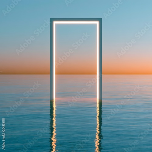 Illuminated Portal Over Calm Water at Sunset
