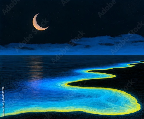 Crescent Moon Over Bioluminescent Ocean