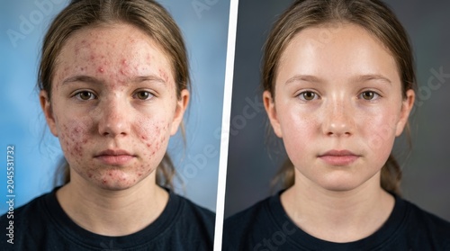 Teen girl acne treatment progress showing clear skin recovery portrait