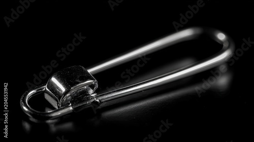 Close-up of a shiny metal safety pin on a dark reflective surface isolated object for crafting and sewing concepts