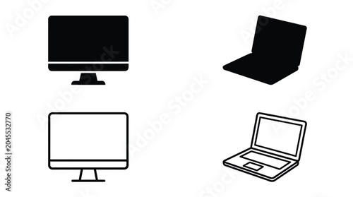 Set of black and white computer monitor and laptop icons for modern digital business projects