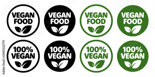 Bild auf Leinwand ヴィーガンフード・100％ヴィーガンの円形バッジセット 白黒とグリーンの食品ラベル素材　Vegan Food and 100 Percent Vegan Rou