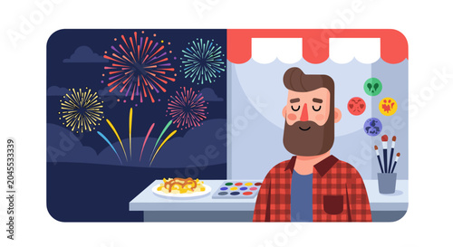 Man celebrates Canada Day with food and fireworks at a colorful outdoor event stand at night