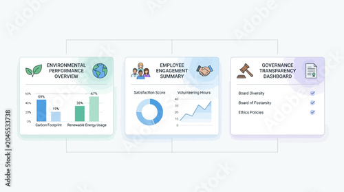 Three dashboards displaying environmental performance, employee engagement, and governance transparency metrics for business reporting.
