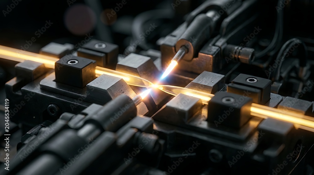 Naklejka premium Precision industrial welding process joining metal components with bright intense sparks and glowing heat in a manufacturing facility