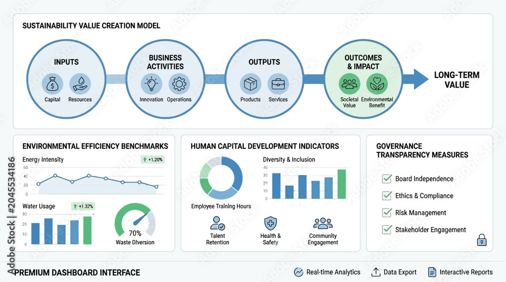 Fototapeta premium A comprehensive dashboard interface illustrating a sustainability value creation model with environmental, human capital, and governance metrics.