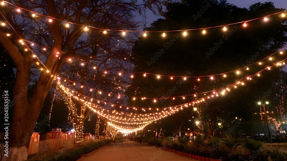 Fototapeta premium A pathway lined with twinkling string lights illuminates a tranquil outdoor landscape among trees in the evening