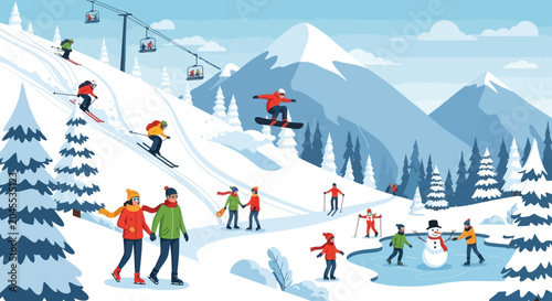 Foto Lively Winter Ski Resort Scene with People Enjoying Snow Sports and Mountain Activities