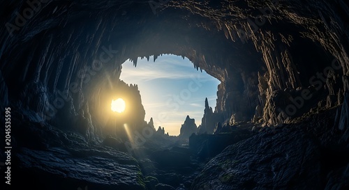 Mystical cave entrance revealing bright sunlight and jagged rock formations in dramatic lighting