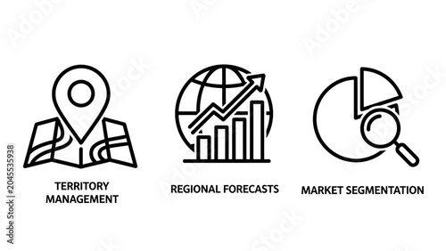 Business management and marketing strategy icon set with business management marketing strategy territory forecast segmentation analysis corporate planning consumer demographics statistics
