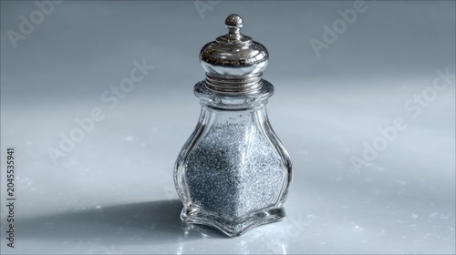 Glass salt shaker with silver lid filled with salt isolated on a reflective surface perfect for culinary and kitchen concepts