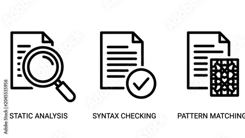 Static analysis and syntax checking software development icons with analysis checking matching programming software development debugging verification automation engineering compiler
